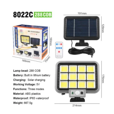 Proiector solar 288LED, 50W, senzor de miscare, HS-8022 telecomanda, 3 moduri de iluminare