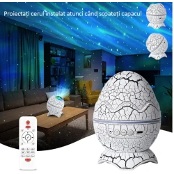 Proiector Stele Ou de Dinozaur 4 IN 1 lampa veghe copii speaker bluetooth LED 19 sunete albe rotatie 360