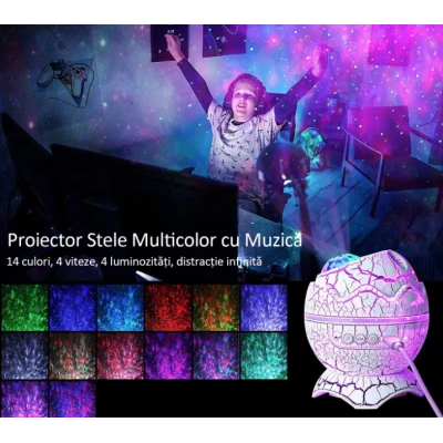 Proiector Stele Ou de Dinozaur 4 IN 1 lampa veghe copii speaker bluetooth LED 19 sunete albe rotatie 360