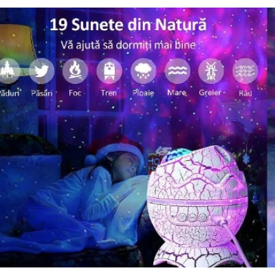 Proiector Stele Ou de Dinozaur 4 IN 1 lampa veghe copii speaker bluetooth LED 19 sunete albe rotatie 360