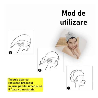 Prosop de baie pentru copii tip Turban din microfriba pentru uscarea parului model pisicuta