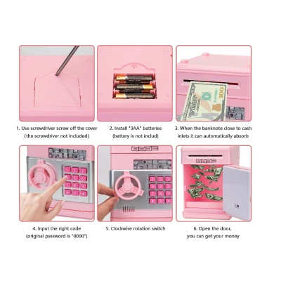 Pusculita interactiva ATM tip Seif pentru copii cu dimensiunea de 19x13x13 cm ROZ