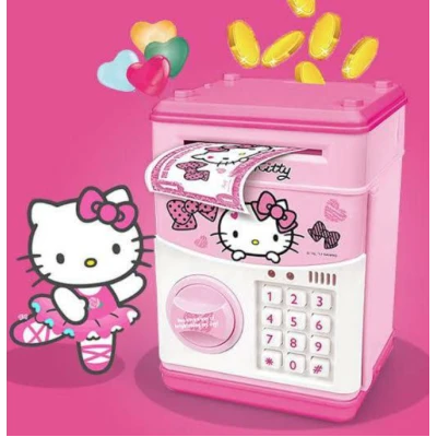 Pusculita pentru copii cu functie ATM cod pin si seif Roz/Alb Hello Kitty