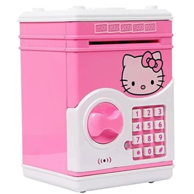 Pusculita pentru copii cu functie ATM cod pin si seif Roz/Alb Hello Kitty
