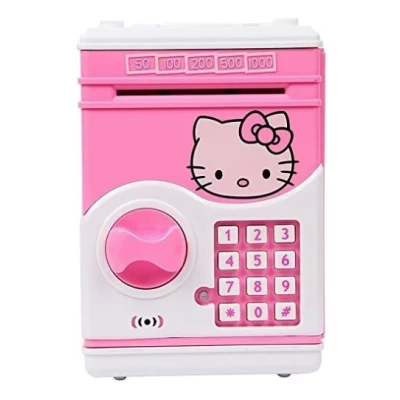 Pusculita pentru copii cu functie ATM cod pin si seif Roz/Alb Hello Kitty