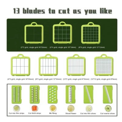 Razatoare multifunctionala pentru fructe si legume 22 piese lame din otel inoxidabil gri / verde