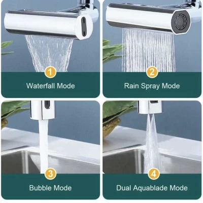 Robinet de bucatarie cu extensie 4 moduri curgere apa cascada picaturi de ploaie bule si 2 jeturi