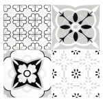 Set 12 placi autocolante din vinil 30 x 30 cm rezistente la apa model FLORAL ALB NEGRU DP0202