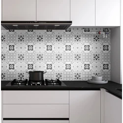 Set 12 placi autocolante din vinil 30 x 30 cm rezistente la apa model FLORAL ALB NEGRU DP0202