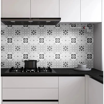 Set 12 placi autocolante din vinil 30 x 30 cm rezistente la apa model FLORAL ALB NEGRU DP0202