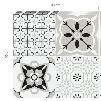 Set 12 placi autocolante din vinil 30 x 30 cm rezistente la apa model FLORAL ALB NEGRU DP0202