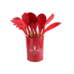 Set 12 ustensile MINI de bucatarie din silicon termorezistent si maner din lemn natural ROSU 