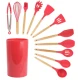 Set 12 ustensile MINI de bucatarie din silicon termorezistent si maner din lemn natural ROSU 