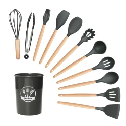 Set 12 ustensile MINI de bucatarie Lemn/Silicon GRI INCHIS