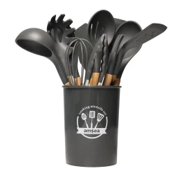 Set 12 ustensile MINI de bucatarie Lemn/Silicon GRI INCHIS