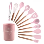 Set 12 ustensile MINI de bucatarie Lemn/Silicon ROZ
