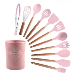 Set 12 ustensile MINI de bucatarie Lemn/Silicon ROZ