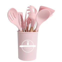 Set 12 ustensile MINI de bucatarie Lemn/Silicon ROZ
