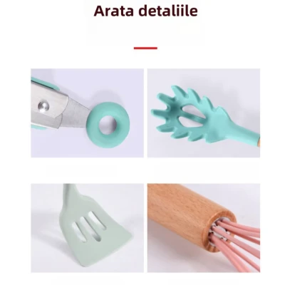 Set 12 ustensile MINI de bucatarie Lemn/Silicon ROZ