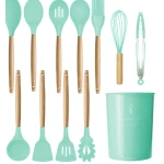 Set 12 ustensile de bucatarie Silicon/Lemn Verde