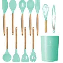 Set 12 ustensile de bucatarie Silicon/Lemn Verde