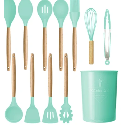 Set 12 ustensile de bucatarie Silicon/Lemn Verde