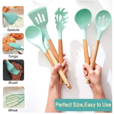 Set 12 ustensile de bucatarie Silicon/Lemn Verde