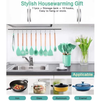 Set 12 ustensile de bucatarie Silicon/Lemn Verde