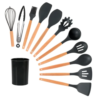 Set 12 Ustensile NEGRE antiaderente de Bucatarie din silicon cu maner de Bambus calitate PREMIUM