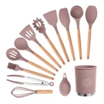 Set 13 Ustensile ROZ antiaderente de Bucatarie din silicon cu maner de Bambus calitate PREMIUM