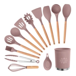 Set 13 Ustensile ROZ antiaderente de Bucatarie din silicon cu maner de Bambus calitate PREMIUM