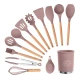 Set 13 Ustensile ROZ antiaderente de Bucatarie din silicon cu maner de Bambus calitate PREMIUM