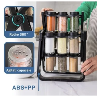 Set 18 recipiente condimente cu suport rotativ 34x23 cm