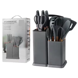 Set 19 piese ustensile de bucatarie din lemn si silicon cu suport