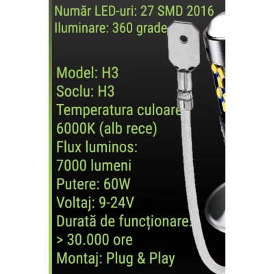 Set 2 becuri auto LED H1 cu lupa 60W 27 SMD 12V 6000K 7000lm