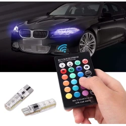 Set 2 becuri T10 LED auto RGB cu telecomanda putere 2W