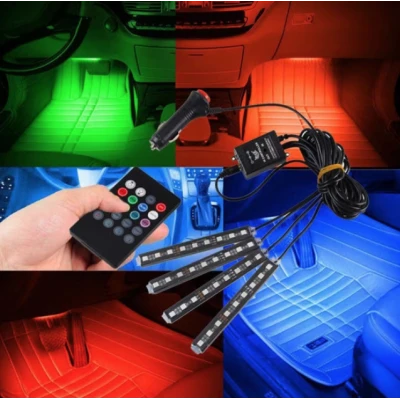 Set 4 benzi 9 LED cu lumina ambientale pentru auto si telecomanda RGB