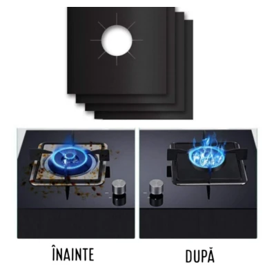 Set 4 Folii TEFLON NEGRU Detasabile pentru Aragaz din Teflon  Lavabila  Reutilizabila  Negru
