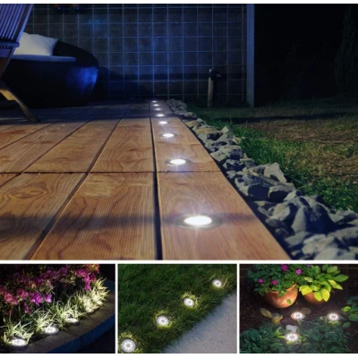 Set 4 Lampi Solare metalice Argintii Disk Lights pentru gradina