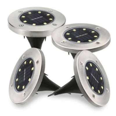 Set 4 Lampi Solare metalice Argintii Disk Lights pentru gradina