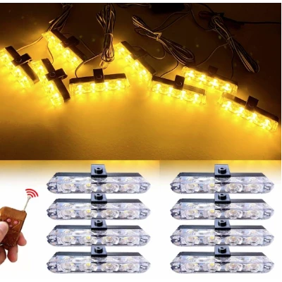 Set 8 lumini stroboscop galbene 4 LED grila telecomanda 7 functii 12V