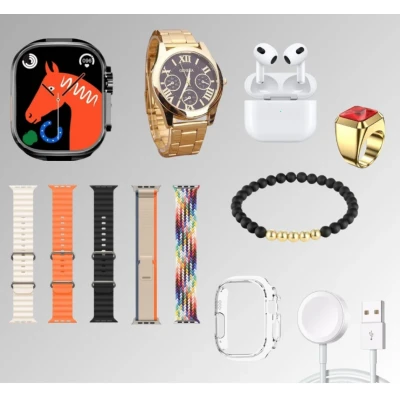 Set cadou ceas Smartwatch 9 in 1 H1000 Ultra 3 cu accesorii casti bratara