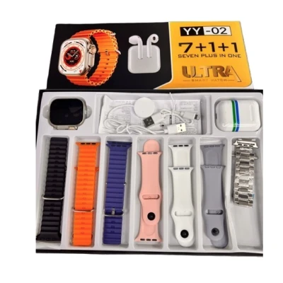 Set Cadou Smartwatch YY02 cu 7 Bratari incarcator Wireless si Casti Bluetooth