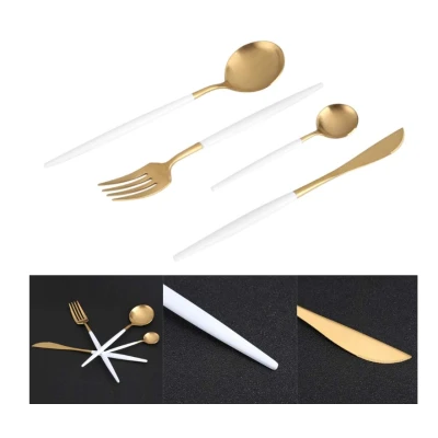 Set de 4 piese tacamuri in stil portughez- culoare alb mat si auriu