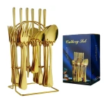 Set de tacamuri din otel inoxidabil cu suport agatat aurii 24 piese