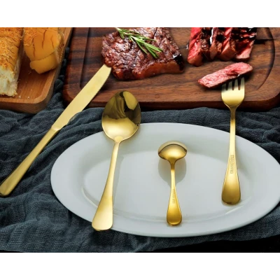 Set de tacamuri din otel inoxidabil cu suport agatat aurii 24 piese