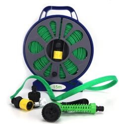 Set pentru stropit furtun textil flexibil 15m cu tambur pistol de pulverizat 7 in 1