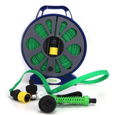 Set pentru stropit furtun textil flexibil 15m cu tambur pistol de pulverizat 7 in 1