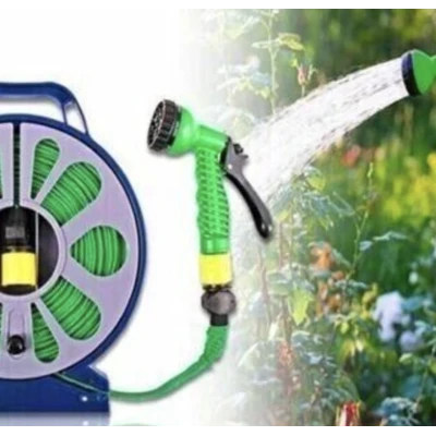 Set pentru stropit furtun textil flexibil 15m cu tambur pistol de pulverizat 7 in 1