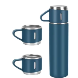 Set termos din inox cu 3 cesti 500ml sticla termoizolanta pentru bauturi fierbinti si reci ALBASTRU